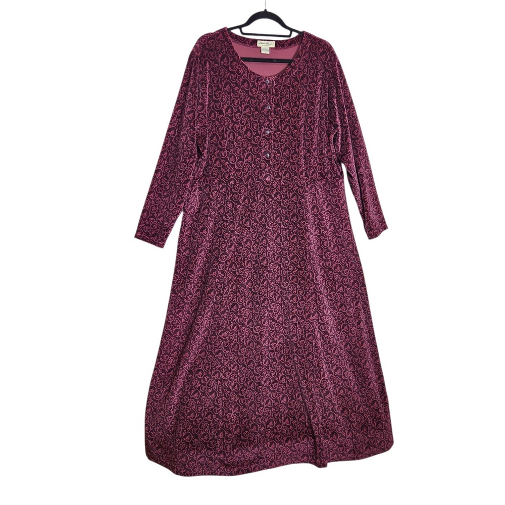 Eddie Bauer Women XL Burgundy Velvet Scroll Paisley Maxi Dress Long Sleeve
